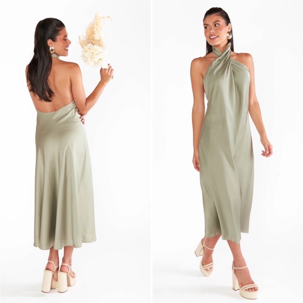 Show Me Your MuMu Jasmine Halter Midi Dress Moss Green Luxe Satin S